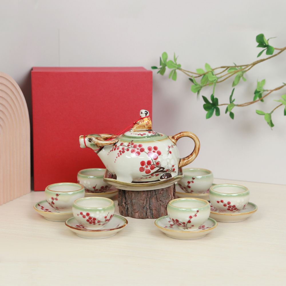 Bộ ấm trà Mục đồng cưỡi trâu men ngọc vẽ đào đông