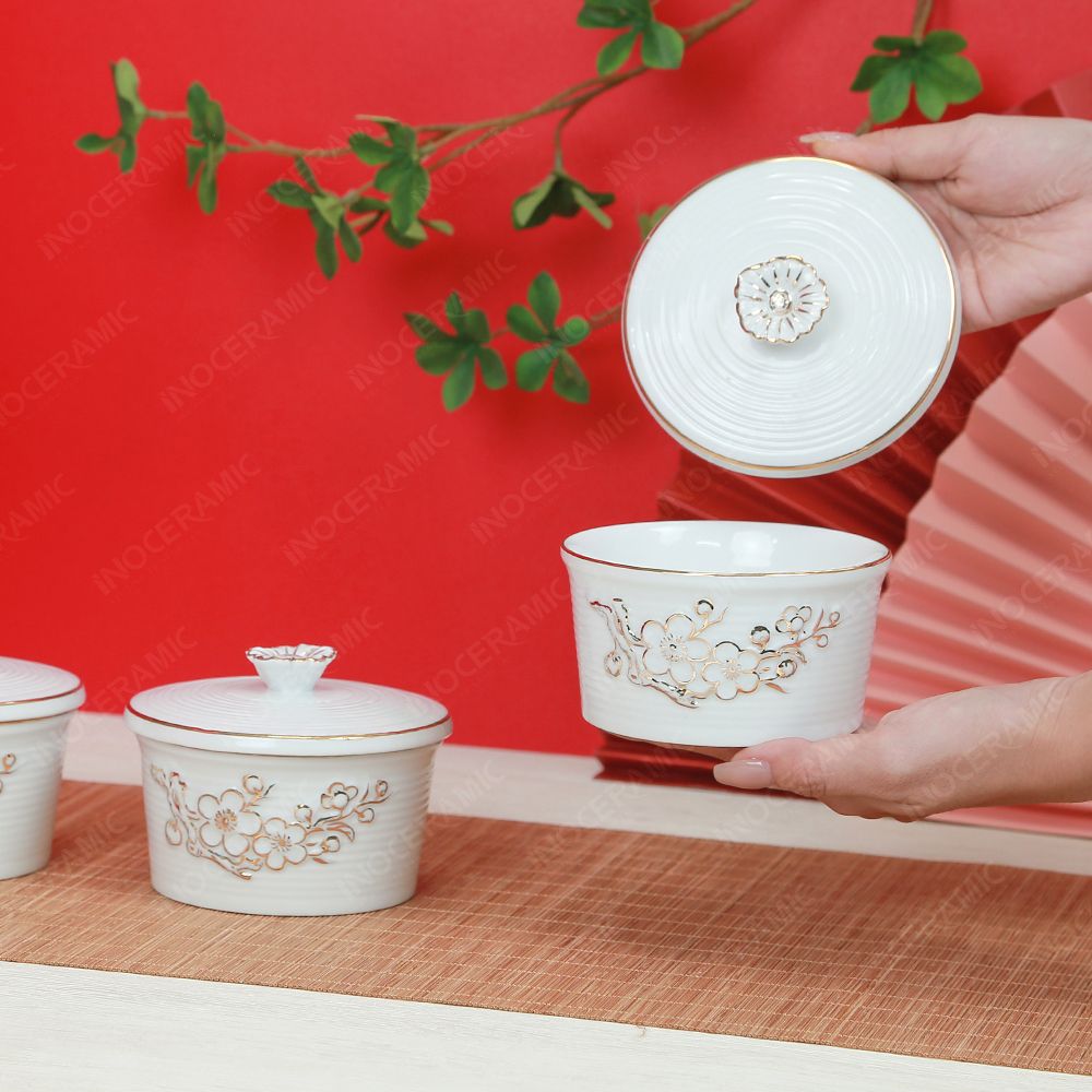 Combo 3 hũ mứt men trắng vẽ vàng Bát Tràng – Quà Tết doanh nghiệp cao cấp