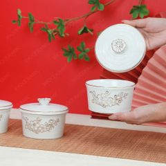 Combo 3 hũ mứt men trắng vẽ vàng Bát Tràng – Quà Tết doanh nghiệp cao cấp