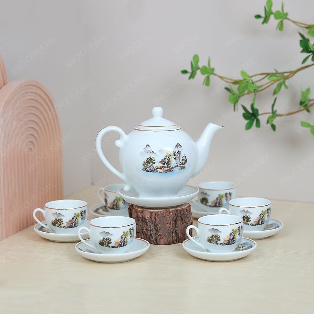 Bộ ấm trà Camelia sơn thuỷ kẻ chỉ vàng