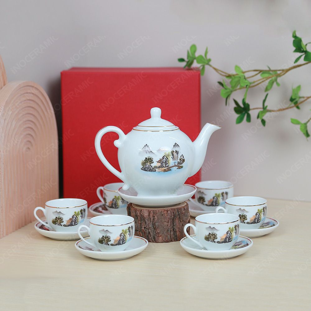 Bộ ấm trà Camelia sơn thuỷ kẻ chỉ vàng