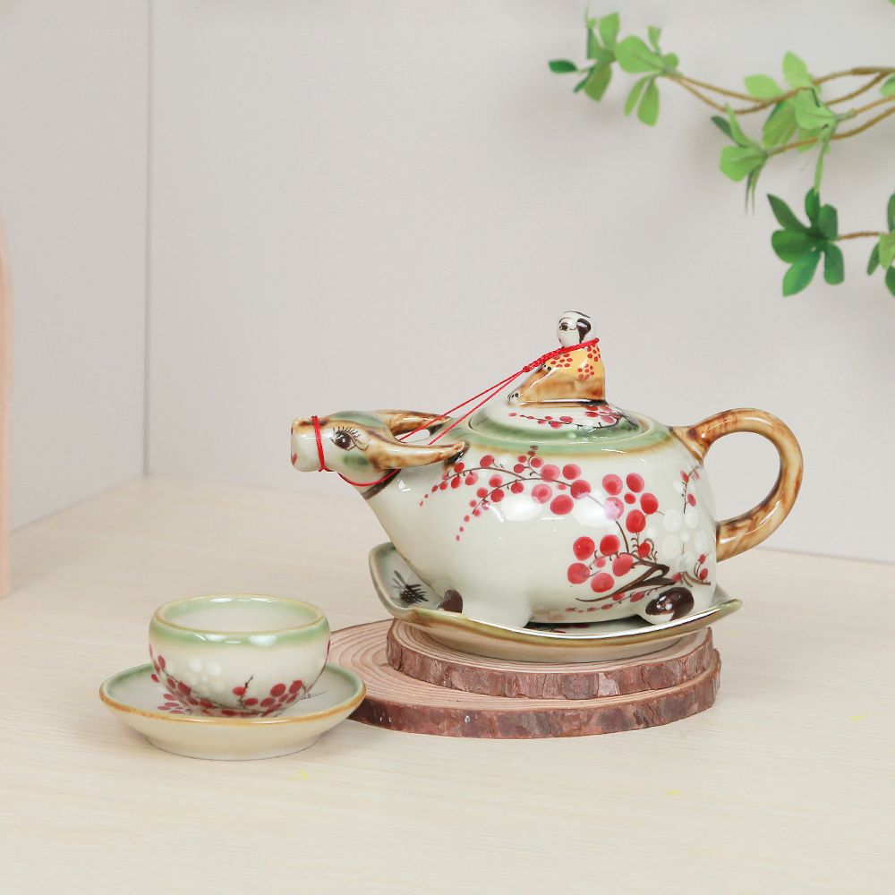Bộ ấm trà Mục đồng cưỡi trâu men ngọc vẽ đào đông