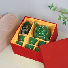 Bộ ấm trà Đài Các men lục vẽ sen chỉ vàng
