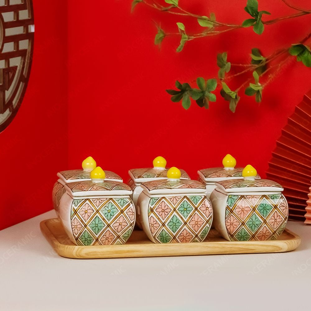 Bộ 6 hũ mứt vuông bầu vẽ trang trí Bát Tràng – Quà Tết cao cấp