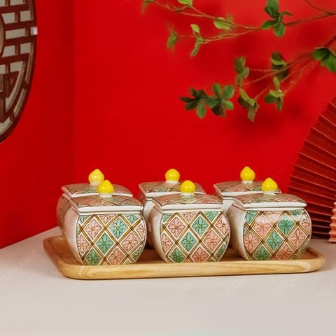 Bộ 06 hũ mứt vuông bầu vẽ trang trí