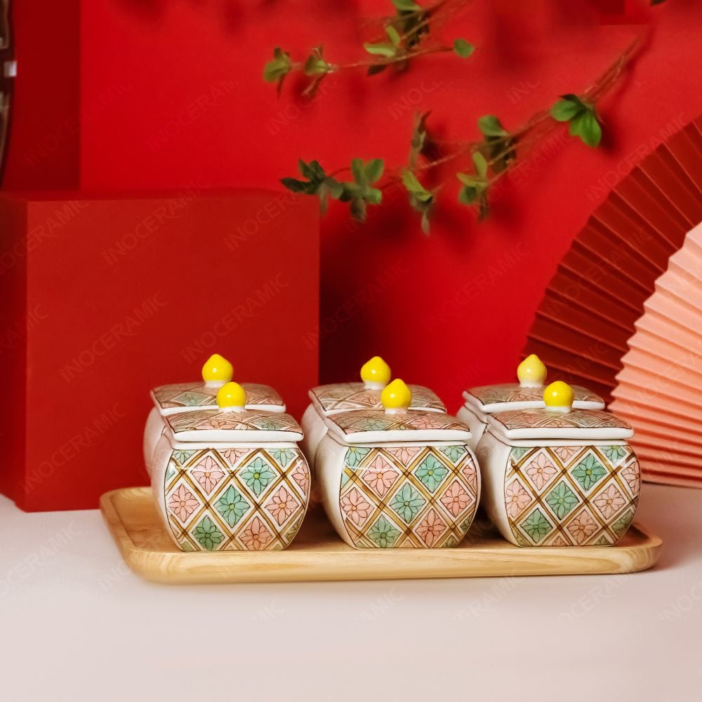 Bộ 6 hũ mứt vuông bầu vẽ trang trí Bát Tràng – Quà Tết cao cấp