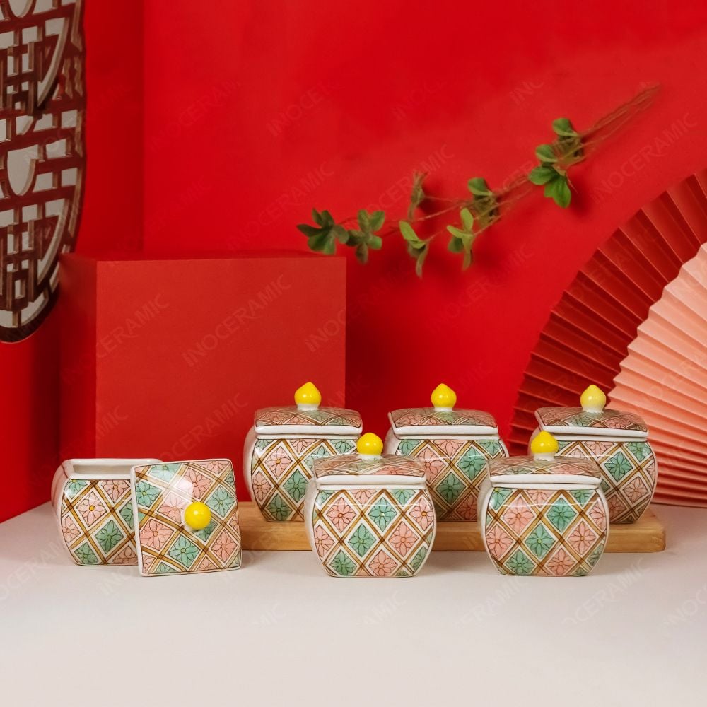 Bộ 6 hũ mứt vuông bầu vẽ trang trí Bát Tràng – Quà Tết cao cấp