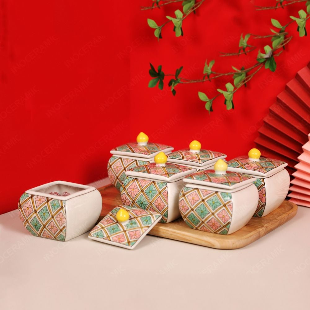 Bộ 6 hũ mứt vuông bầu vẽ trang trí Bát Tràng – Quà Tết cao cấp