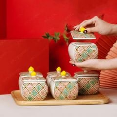 Bộ 6 hũ mứt vuông bầu vẽ trang trí Bát Tràng – Quà Tết cao cấp