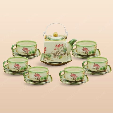 Bộ trà ấm vuông quai đồng men ngọc hồng liên vẽ tay