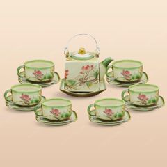 Bộ trà ấm vuông quai đồng men ngọc hồng liên vẽ tay