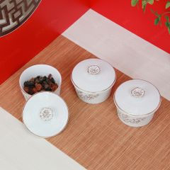 Combo 3 hũ mứt men trắng vẽ vàng Bát Tràng – Quà Tết doanh nghiệp cao cấp