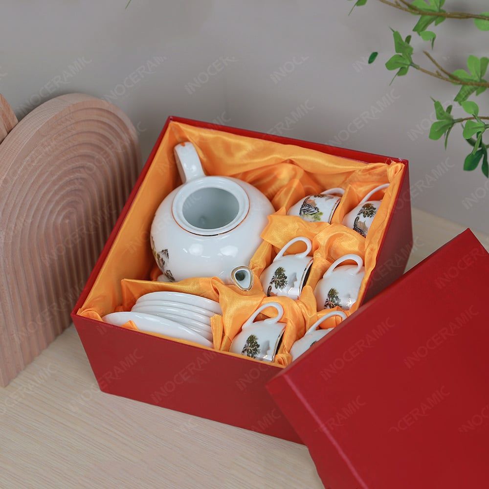 Bộ ấm trà Camelia sơn thuỷ kẻ chỉ vàng