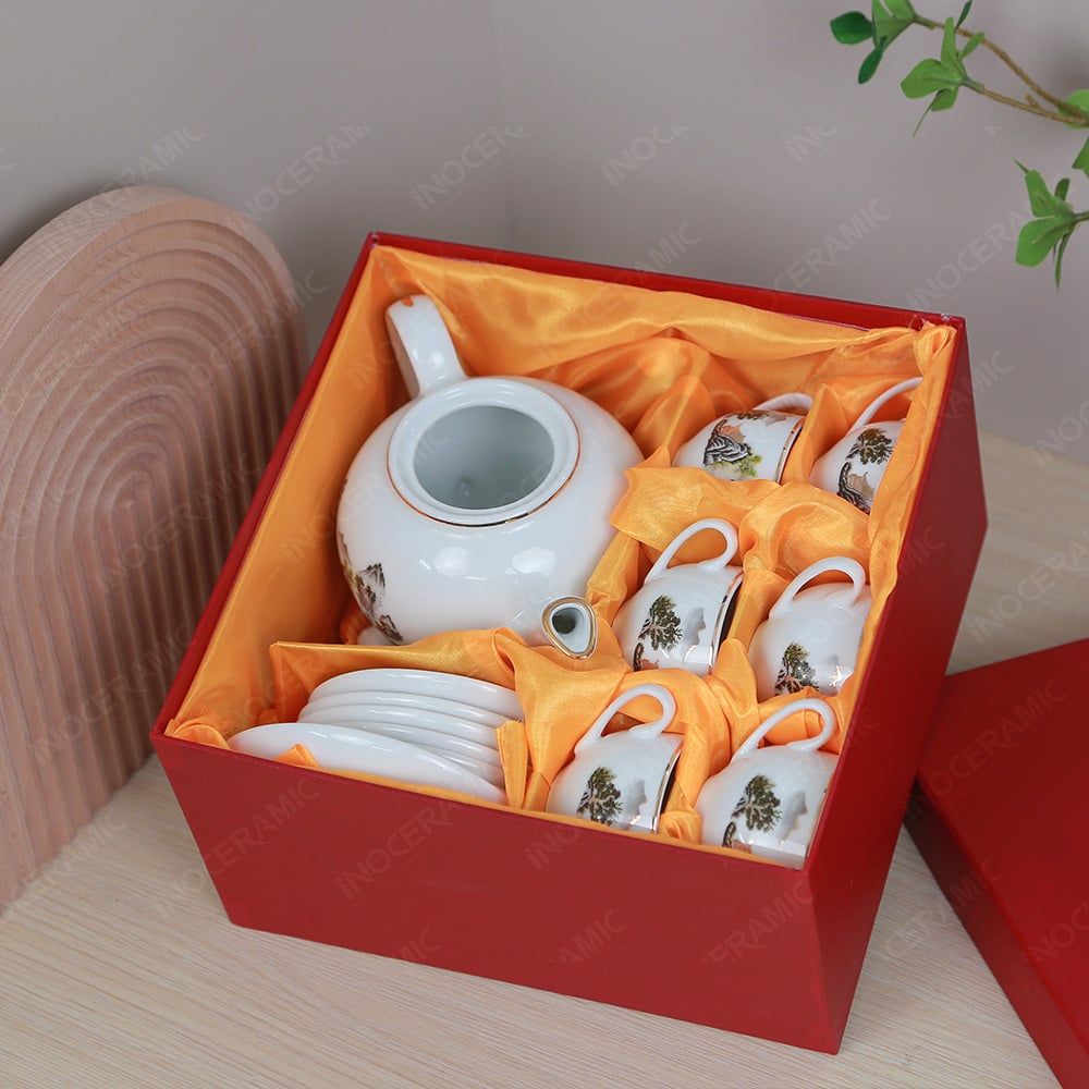 Bộ ấm trà Camelia sơn thuỷ kẻ chỉ vàng