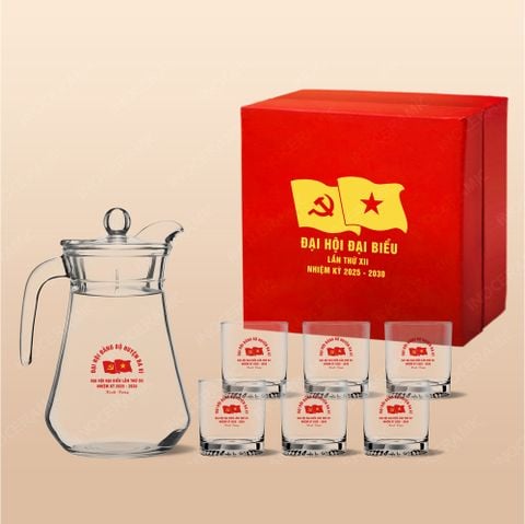 Quà tặng Đại hội Đảng - Bộ bình kèm 06 ly thủy tinh lùn đáy khía