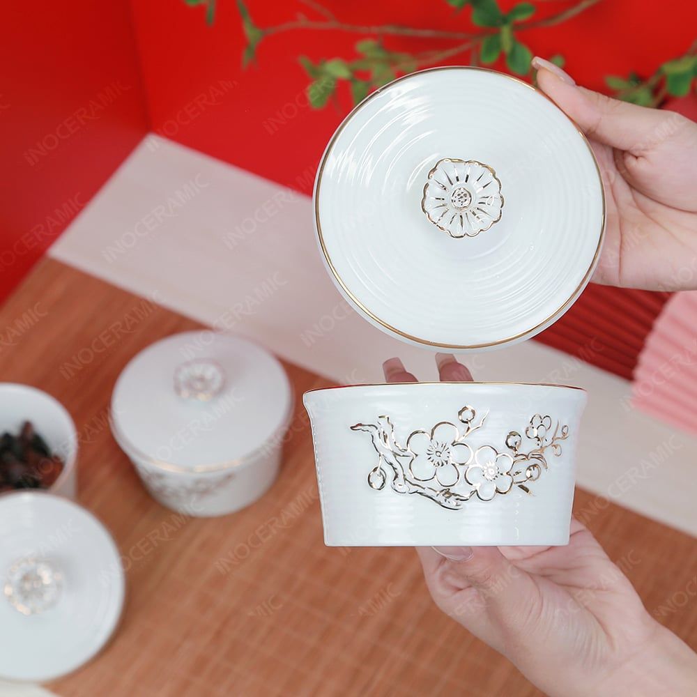 Combo 3 hũ mứt men trắng vẽ vàng Bát Tràng – Quà Tết doanh nghiệp cao cấp