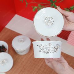 Combo 3 hũ mứt men trắng vẽ vàng Bát Tràng – Quà Tết doanh nghiệp cao cấp