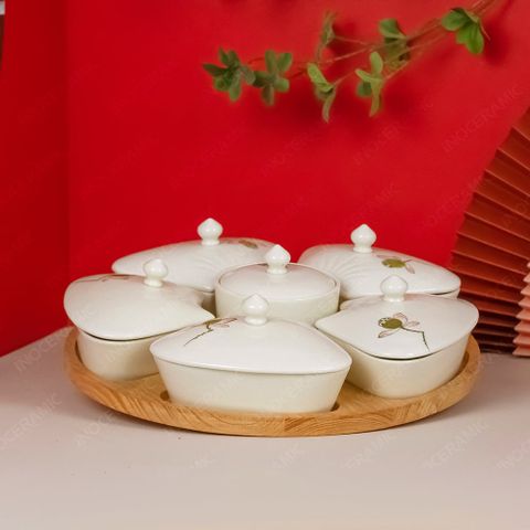 Bộ 06 hũ mứt cánh hoa vẽ đài sen