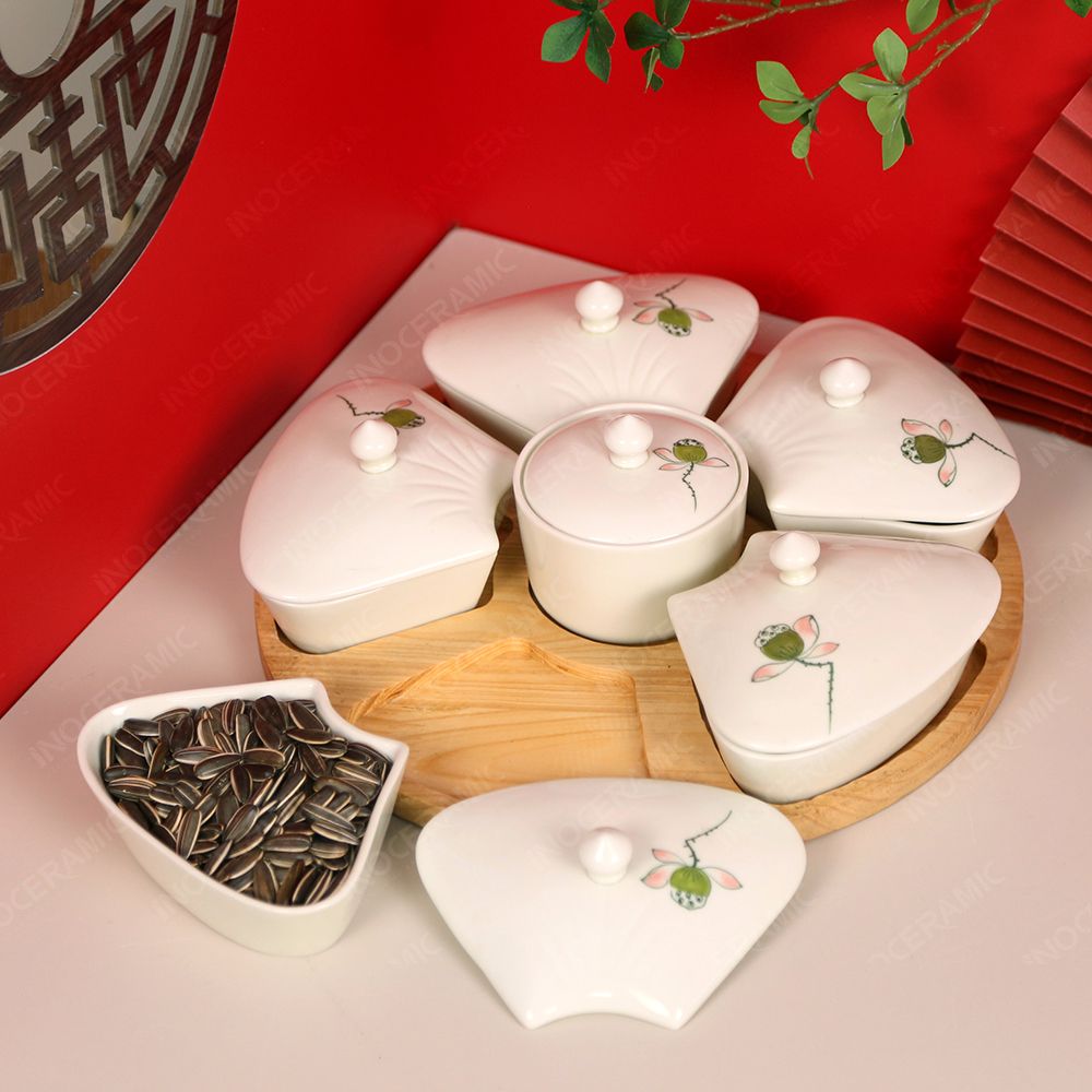 Bộ 06 hũ mứt cánh hoa vẽ đài sen