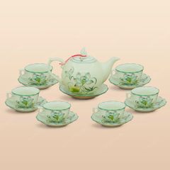 Bộ ấm trà Mẫu Đơn men ngọc hoa sen vẽ tay