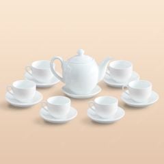 Bộ ấm trà dáng Minh Long men trắng in logo