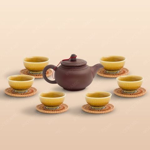 Bộ ấm trà Thổ Hoa chén lưu ly lùn