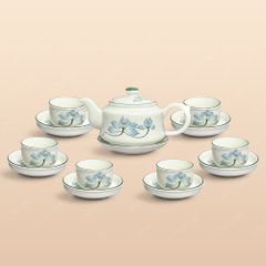 Bộ ấm trà dáng siêu men ngà sen xanh vẽ tay