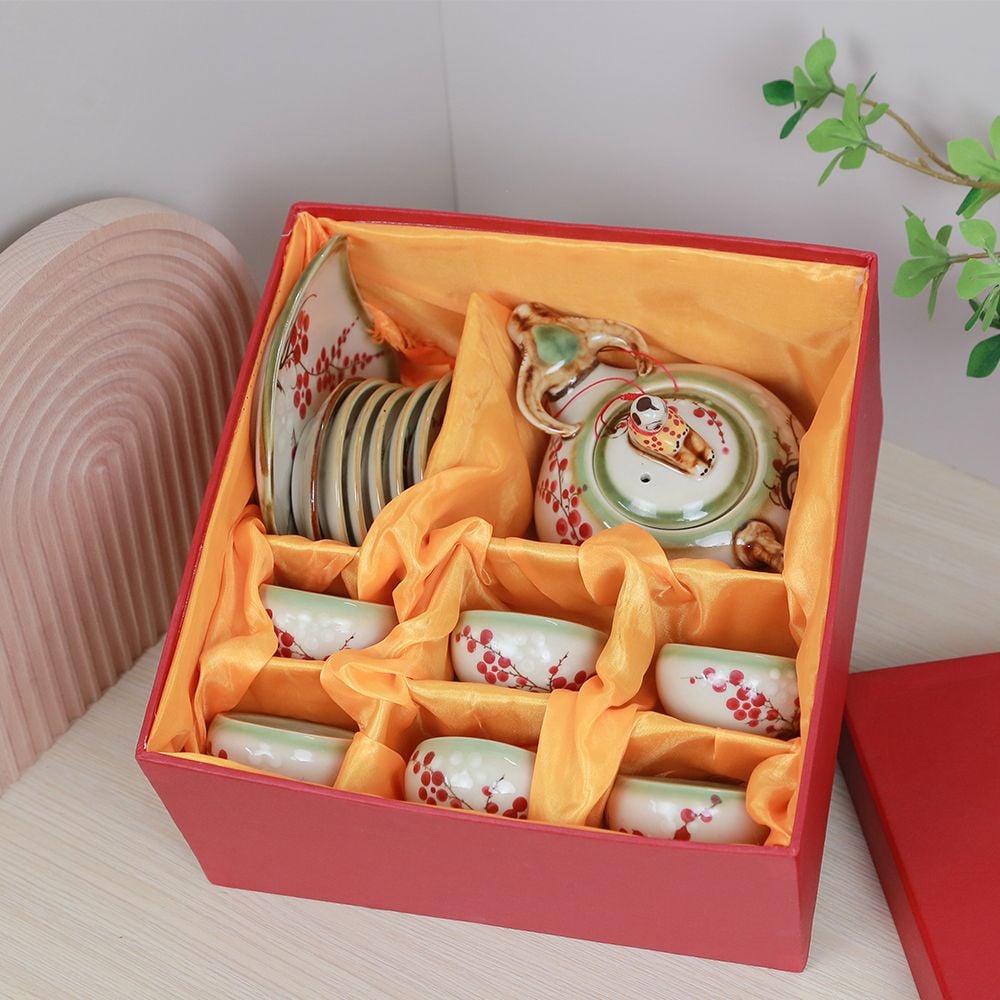 Bộ ấm trà Mục đồng cưỡi trâu men ngọc vẽ đào đông