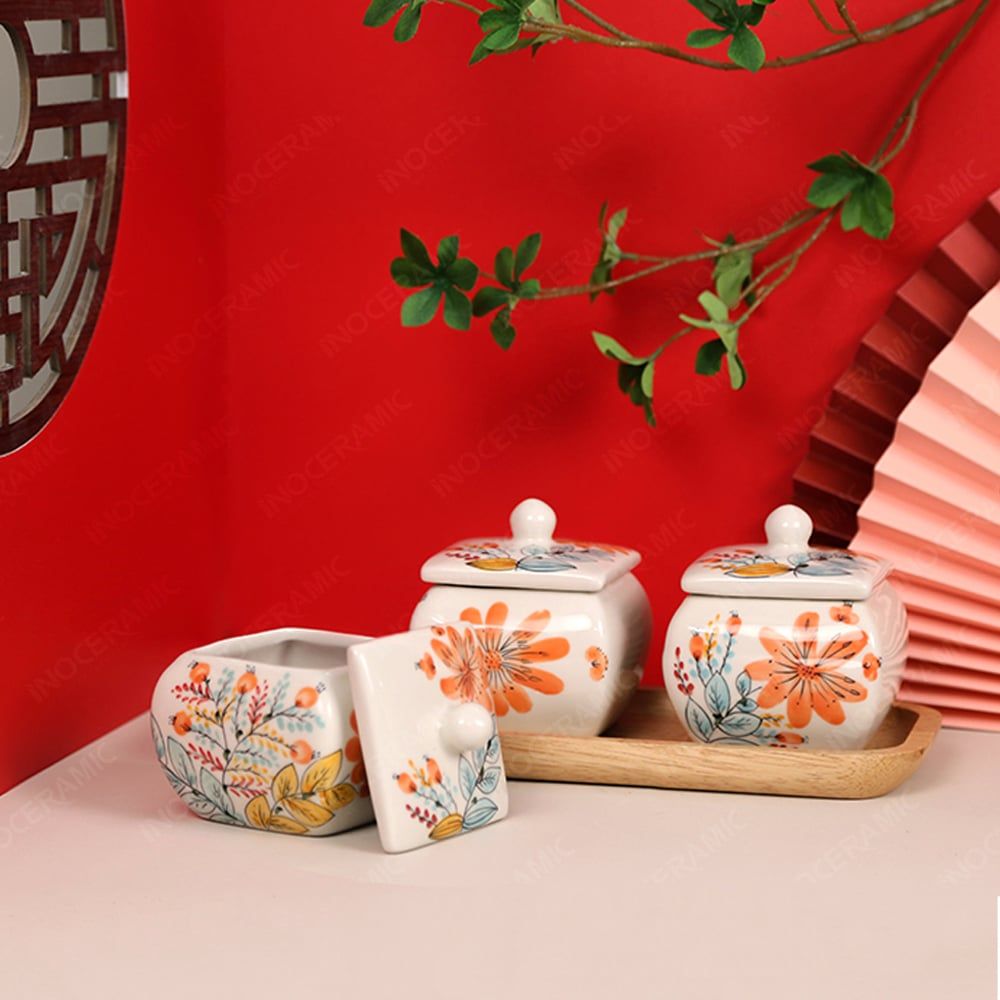 Bộ hũ mứt vuông bầu vẽ tay