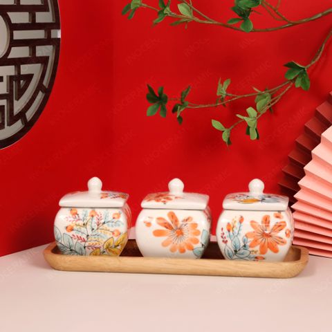 Bộ hũ mứt vuông bầu vẽ tay