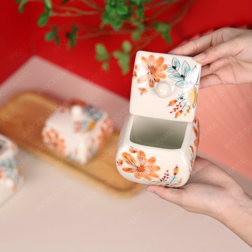 Bộ hũ mứt vuông bầu vẽ tay