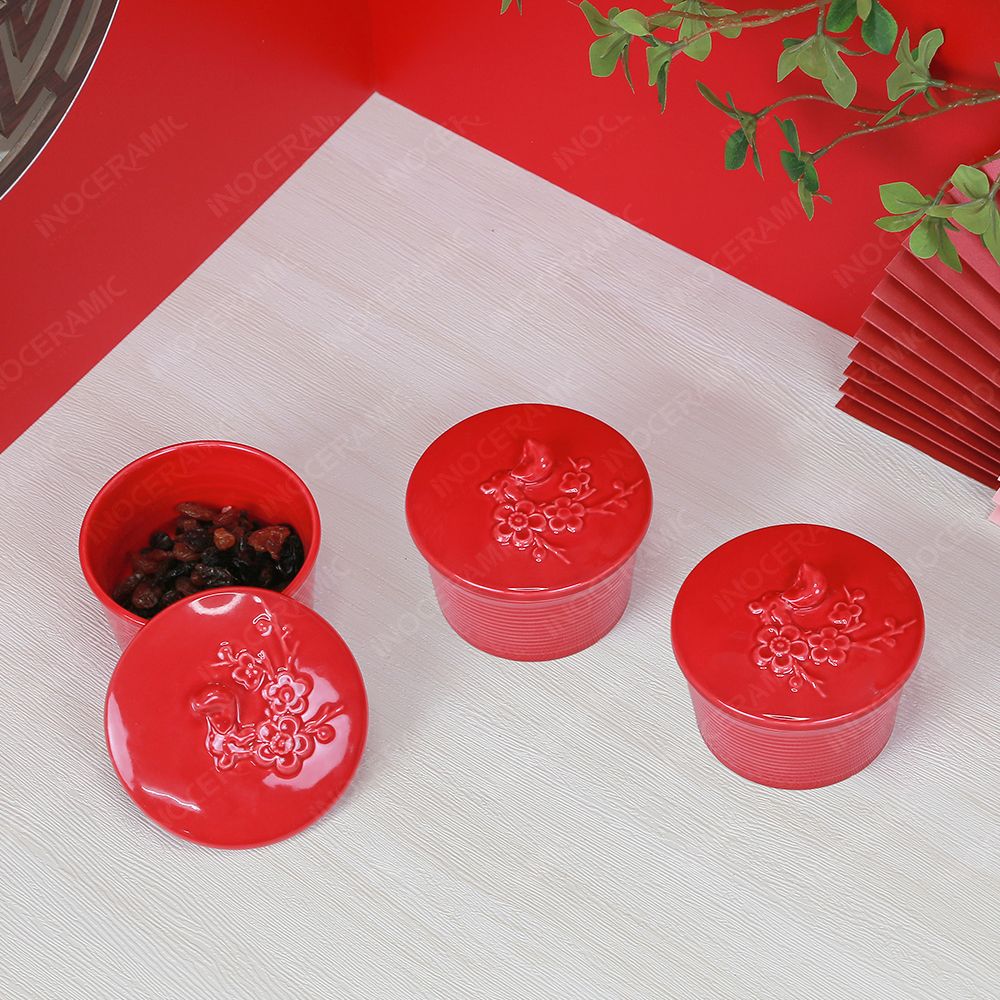 Bộ 03 hũ mứt hoa mai men đỏ