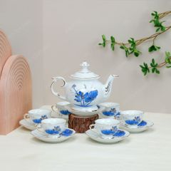 Bộ ấm trà Đài Các miệng lượn sen xanh vẽ vàng