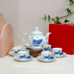 Bộ ấm trà Đài Các miệng lượn sen xanh vẽ vàng