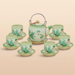Bộ ấm trà quai đồng men ngọc hoa trúc đào vẽ tay