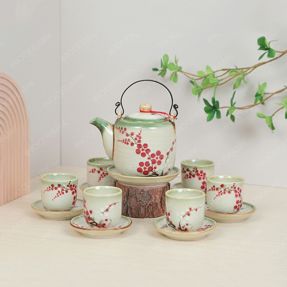 Bộ ấm trà quai đồng men ngọc cành đào đông đỏ vẽ tay