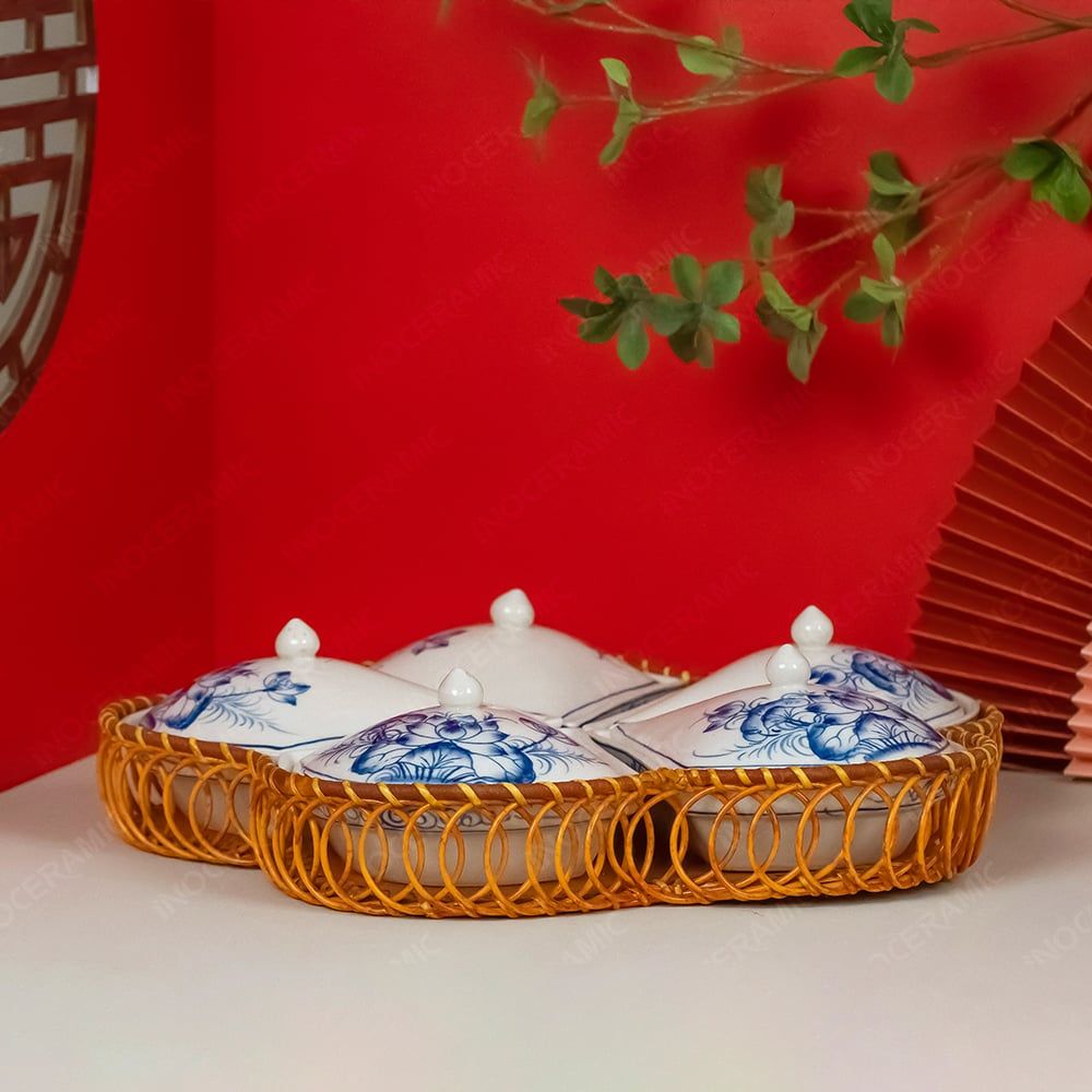 Bộ khay mứt hoa khế vẽ sen xanh