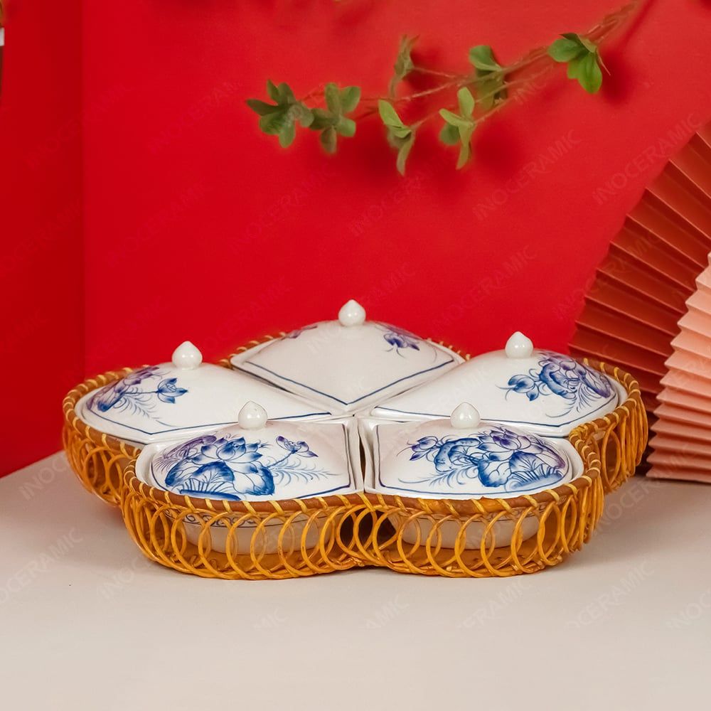 Bộ khay mứt hoa khế vẽ sen xanh