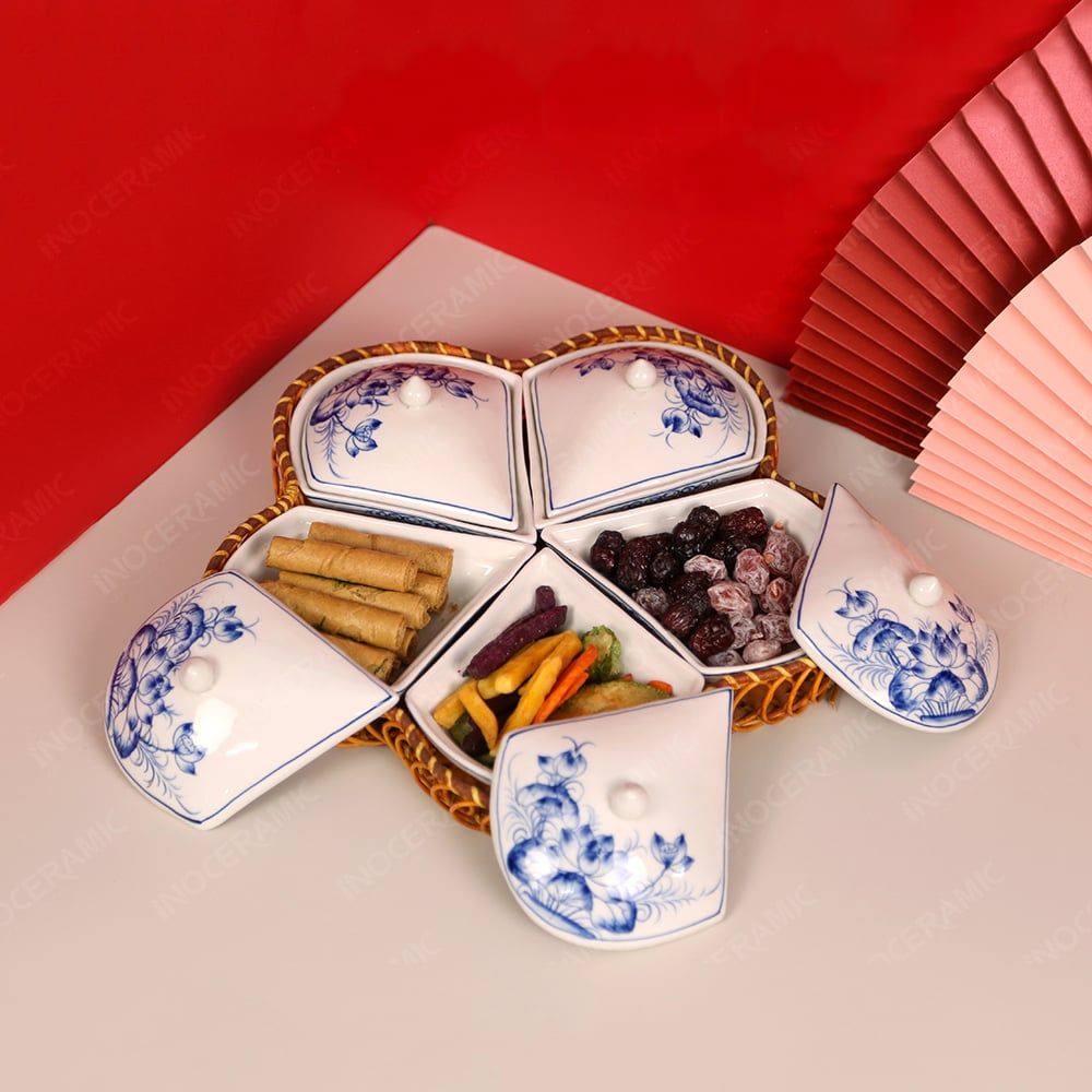 Bộ khay mứt hoa khế vẽ sen xanh