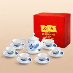Quà tặng Đại hội Đảng - Bộ ấm trà Đài Các sen xanh cobalt vẽ vàng