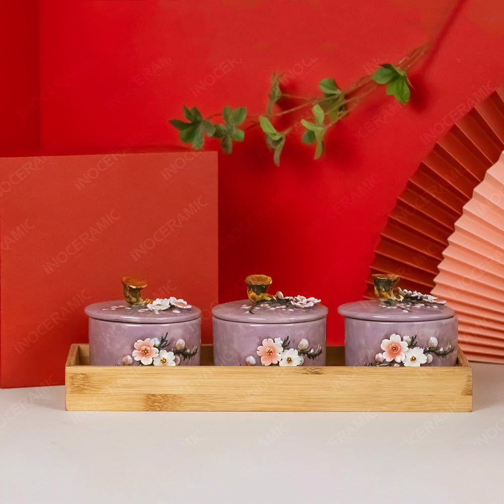 Bộ 03 hũ mứt hoa đào đắp nổi