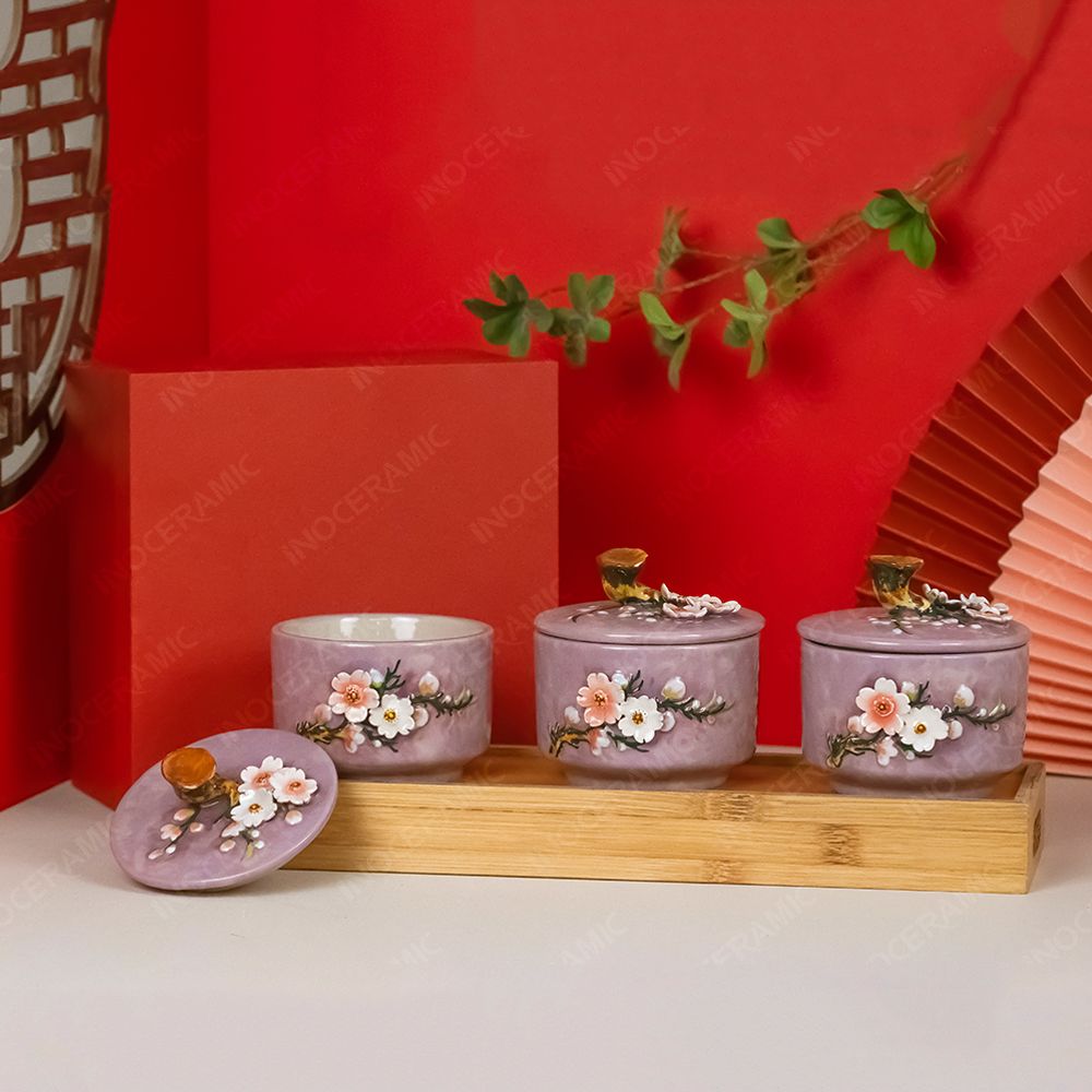 Bộ 03 hũ mứt hoa đào đắp nổi