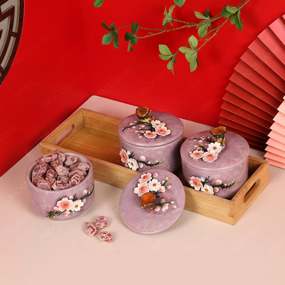 Bộ 03 hũ mứt hoa đào đắp nổi