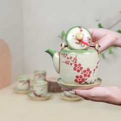 Bộ ấm trà quai đồng men ngọc cành đào đông đỏ vẽ tay