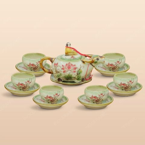 Bộ ấm trà Mục đồng cưỡi trâu men ngọc vẽ sen