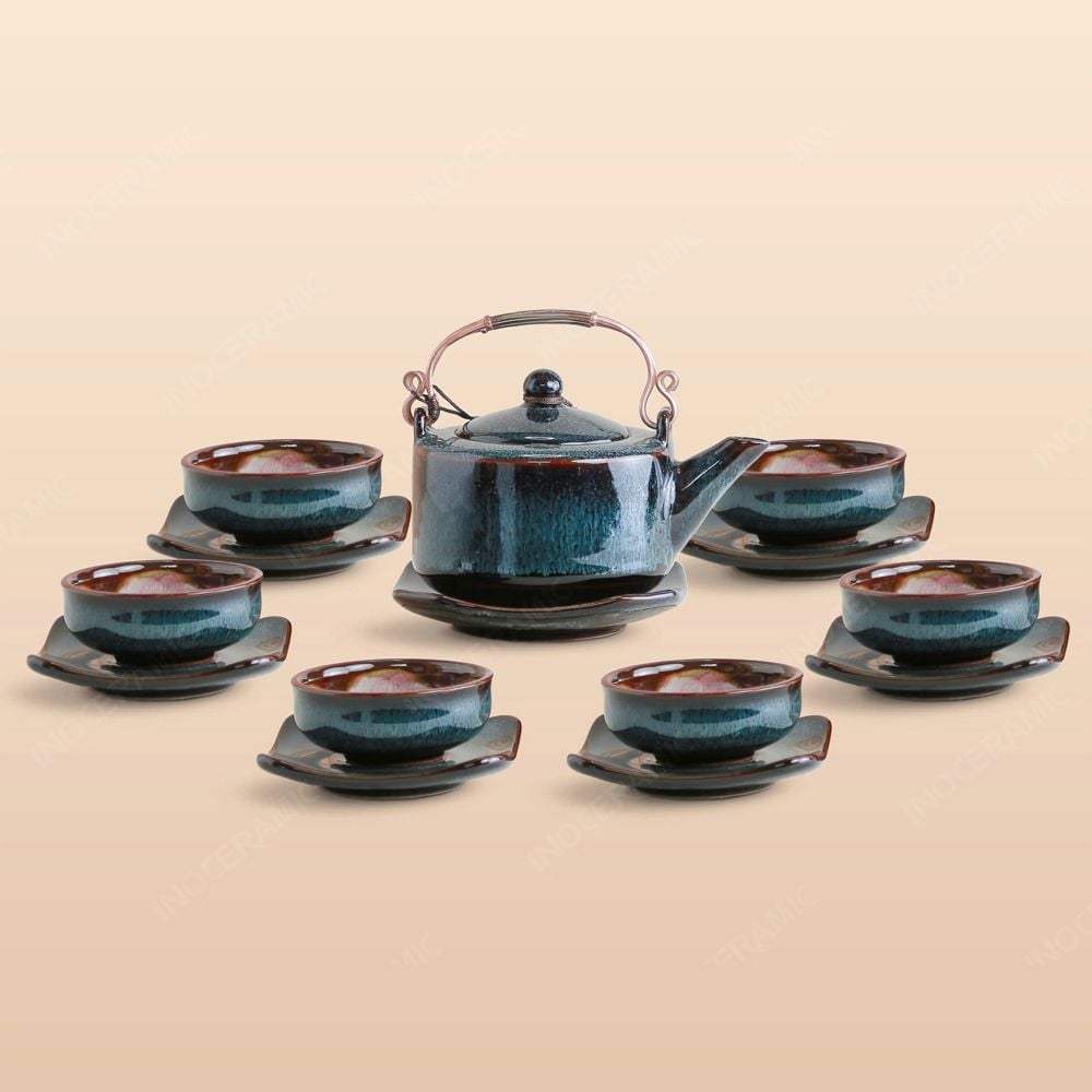 Bộ ấm trà Thanh Hoa men lam hoả biến in logo quà tặng khách hàng doanh nghiệp