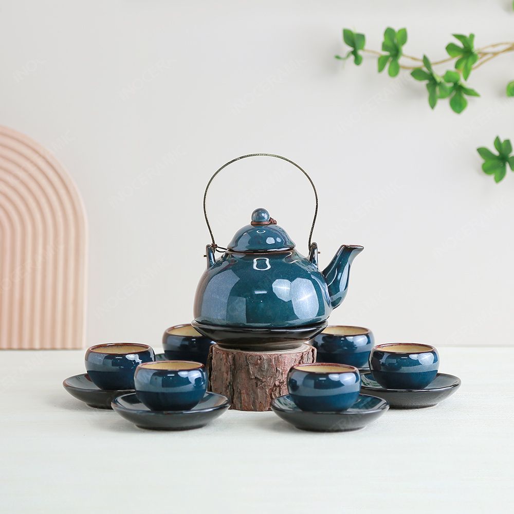 Bộ ấm trà Yên Hoa men lam hoả biến