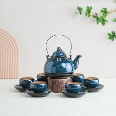 Bộ ấm trà Yên Hoa men lam hoả biến
