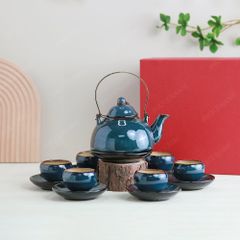 Bộ ấm trà Yên Hoa men lam hoả biến