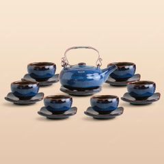 Bộ ấm trà Giang Tây lòng hoa men lam hoả biến